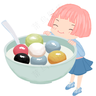 吃彩色汤圆的娃娃头小女孩,免抠元素