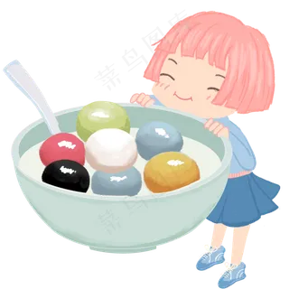 吃彩色汤圆的娃娃头小女孩,免抠元素