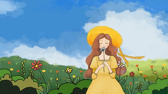 夏天漫画风夏景女孩花草蓝天白云 夏天漫画风夏景女孩花草蓝天白云