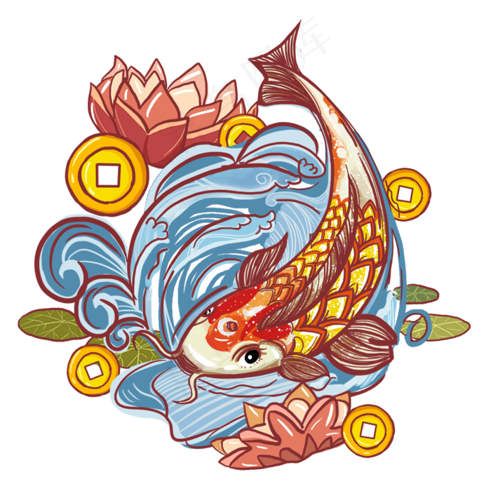 国潮锦鲤荷花鲤鱼素材(2000X2000(DPI:300))psd模版下载