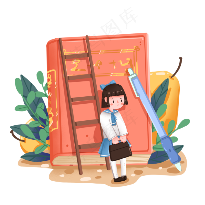 靠着书本穿水手服的女孩和梨子