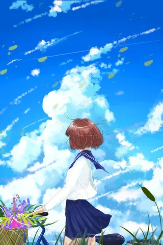 治愈夏景夏至春天唯美清新日系少女蓝天云彩