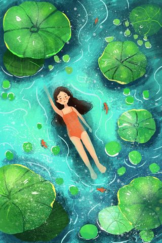 女孩夏日荷叶湖中享受日光浴小清新