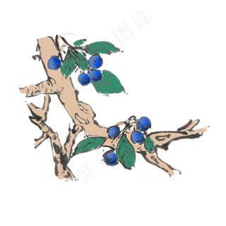 新鲜水果蓝莓手绘水墨风