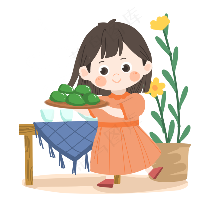 清明节卡通女孩吃青团PNG素材