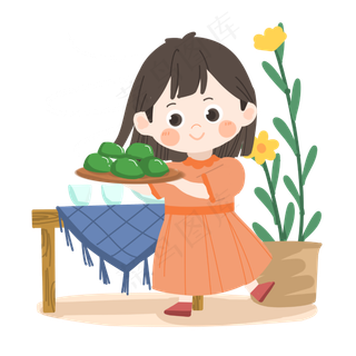 清明节卡通女孩吃青团PNG素材