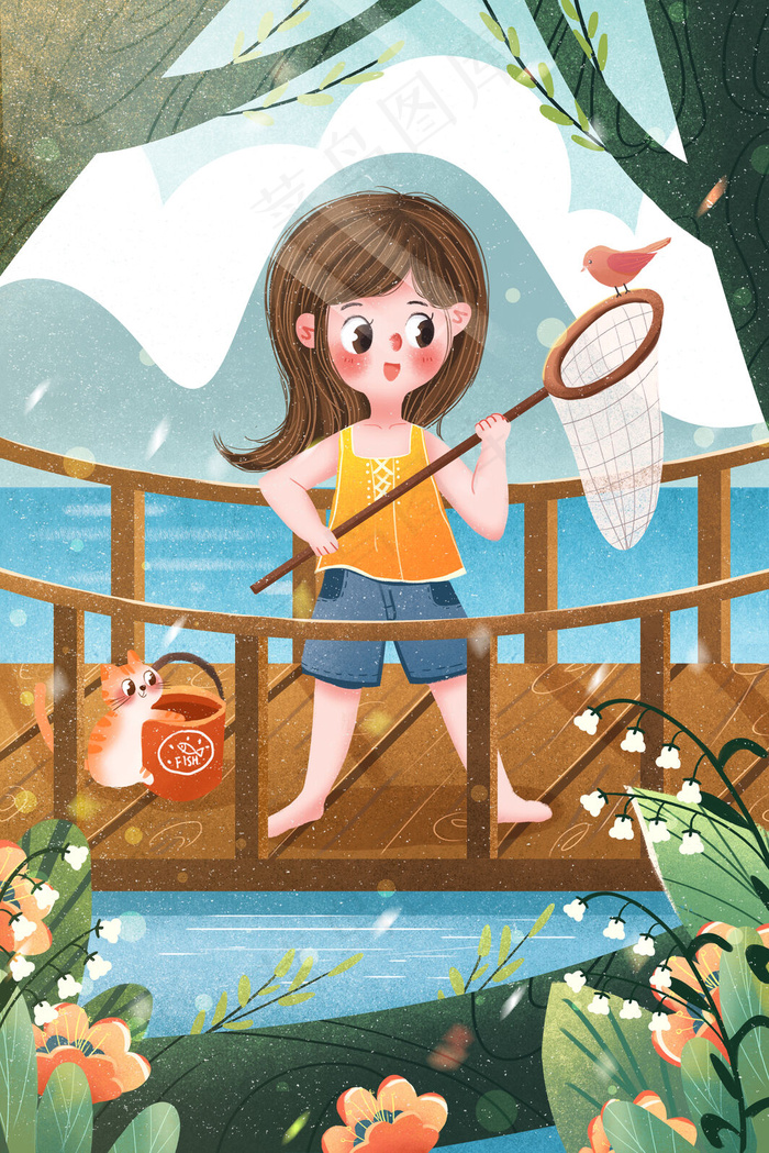 小清新夏天女孩桥上捞鱼