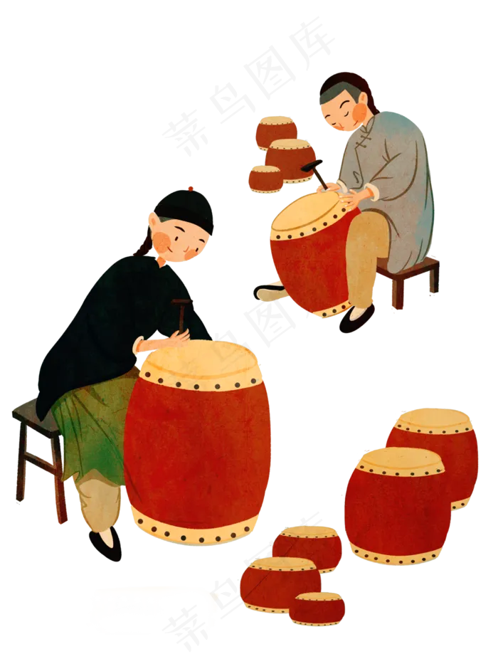 传统人物市井春节花鼓中国鼓,免抠元素(3000*4000px 300 dpi )psd模版下载