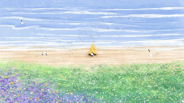 夏日情侣海边烤火风景(2880*1620px 300 dpi )psd模版下载