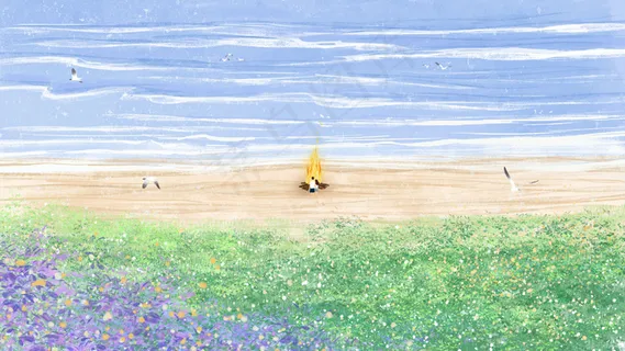 夏日情侣海边烤火风景
