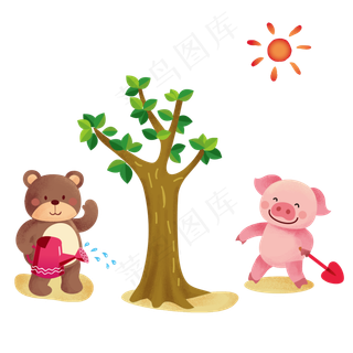 植树节植树的小熊小猪,免抠元素