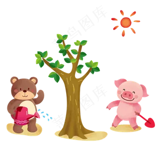 植树节植树的小熊小猪,免抠元素