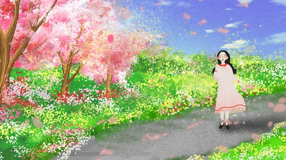 清新踏青出游采花少女樱花治愈粉色系场景