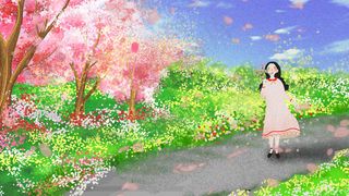 清新踏青出游采花少女樱花治愈粉色系场景