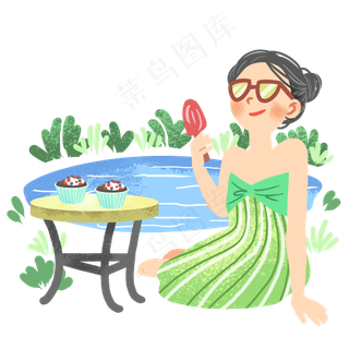 立夏游泳池边吃冷饮