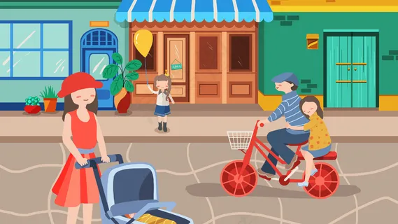 扁平风街景路边商店购物卡通人物