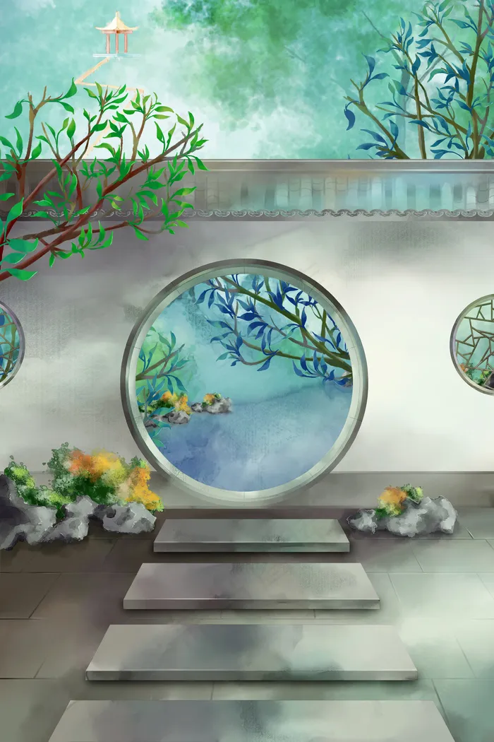 中国风花园拱门园林古风建筑绿色夏季风景