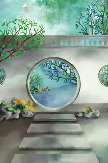 中国风花园拱门园林古风建筑绿色夏季风景 中国风花园拱门园林古风建筑绿色夏季风景