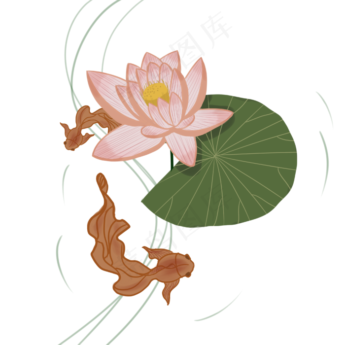 春夏日式风格荷花荷叶金鱼PNG