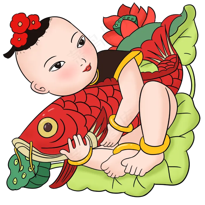 春节复古年华抱锦鲤的娃娃手绘插(3000X3000(DPI:300))psd模版下载