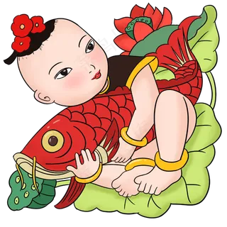 春节复古年华抱锦鲤的娃娃手绘插