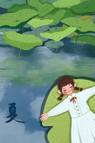 夏季绿色荷塘与女孩清新配图
