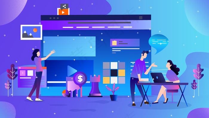 蓝色科技商务办公数据插画