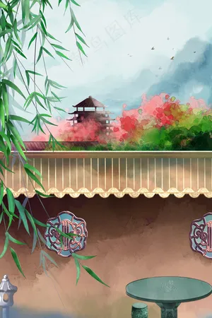 中国风山水花满树山水风景古风建筑场景