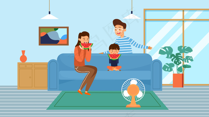 夏日夏季大暑小暑吃西瓜家人横幅配图(2880*1620px 300 dpi )ai矢量模版下载