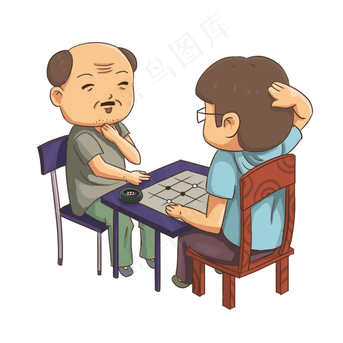 重阳节老人下围棋手绘免抠卡通人