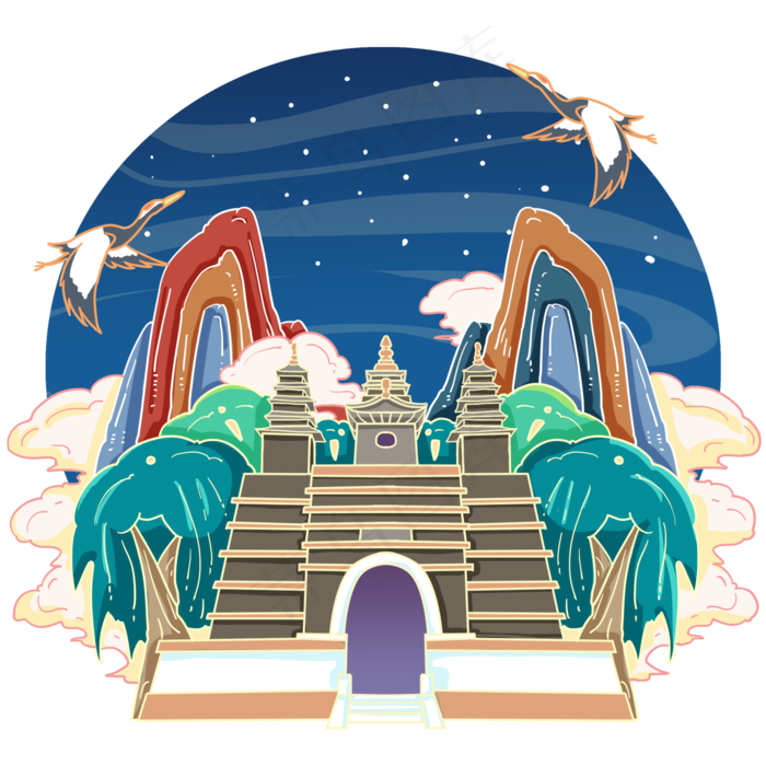 国潮风内蒙古五塔寺,免抠元素