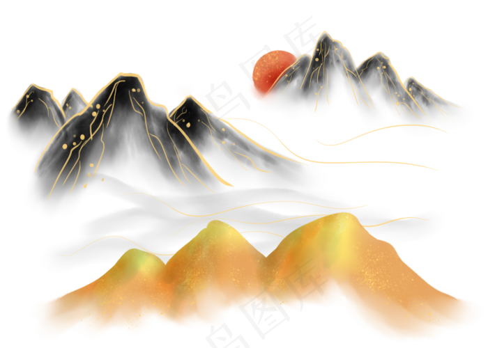 金线水墨日出山峰(2800X2000(DPI:300))psd模版下载