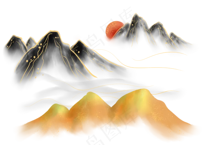 金线水墨日出山峰(2800X2000(DPI:300))psd模版下载