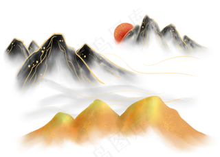 金线水墨日出山峰