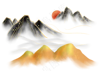 金线水墨日出山峰