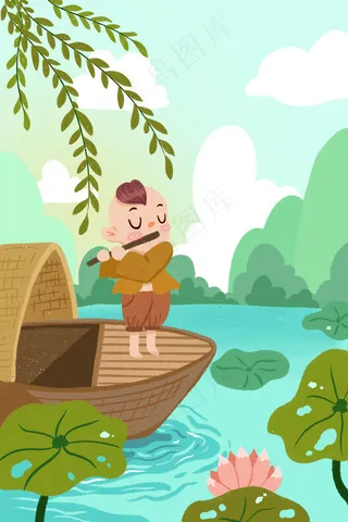 清明节牧童划船吹箫小清新