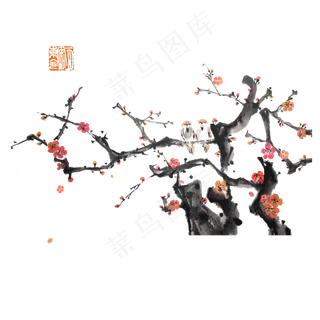 水墨国画腊梅农历春节红梅傲雪对,免抠元素