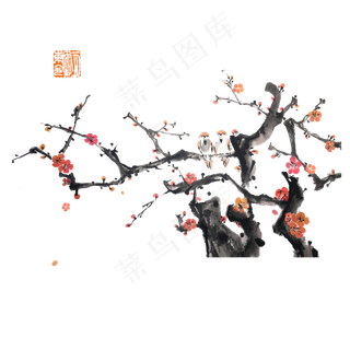 水墨国画腊梅农历春节红梅傲雪对,免抠元素