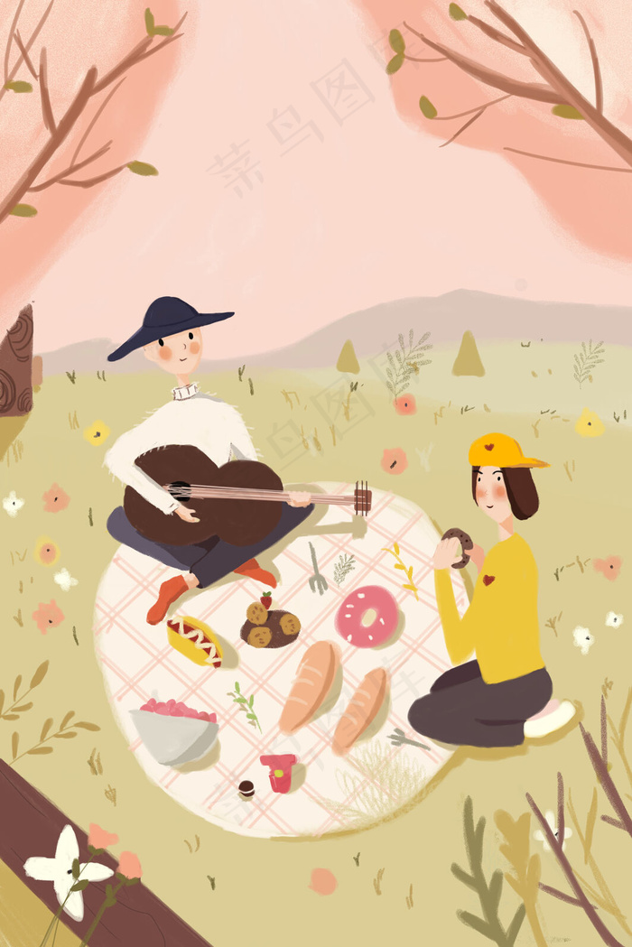 四月你好户外踏青郊游春游旅游情侣插画