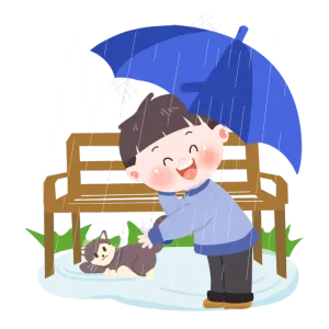 雨水卡通男孩偶遇小猫PNG素材,免抠元素