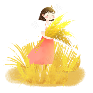 芒种麦田收麦子女孩png素材