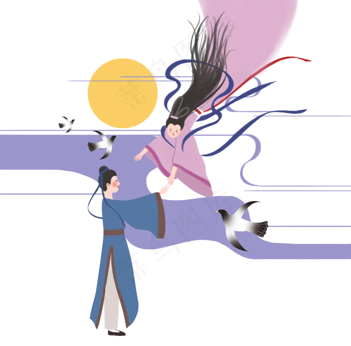 七夕情人节牛郎织女鹊桥相会,免抠元素