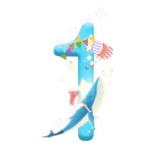 卡通女孩与鲸鱼儿童节倒计时数字1