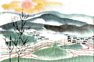 山村梯田风景水墨画PNG免抠素材