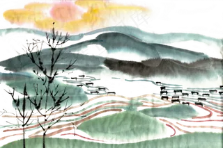 山村梯田风景水墨画PNG免抠素材
