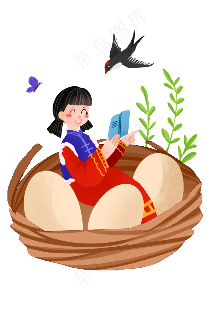 春分看书的小女孩,免抠元素(2480X3508(DPI:299))psd模版下载