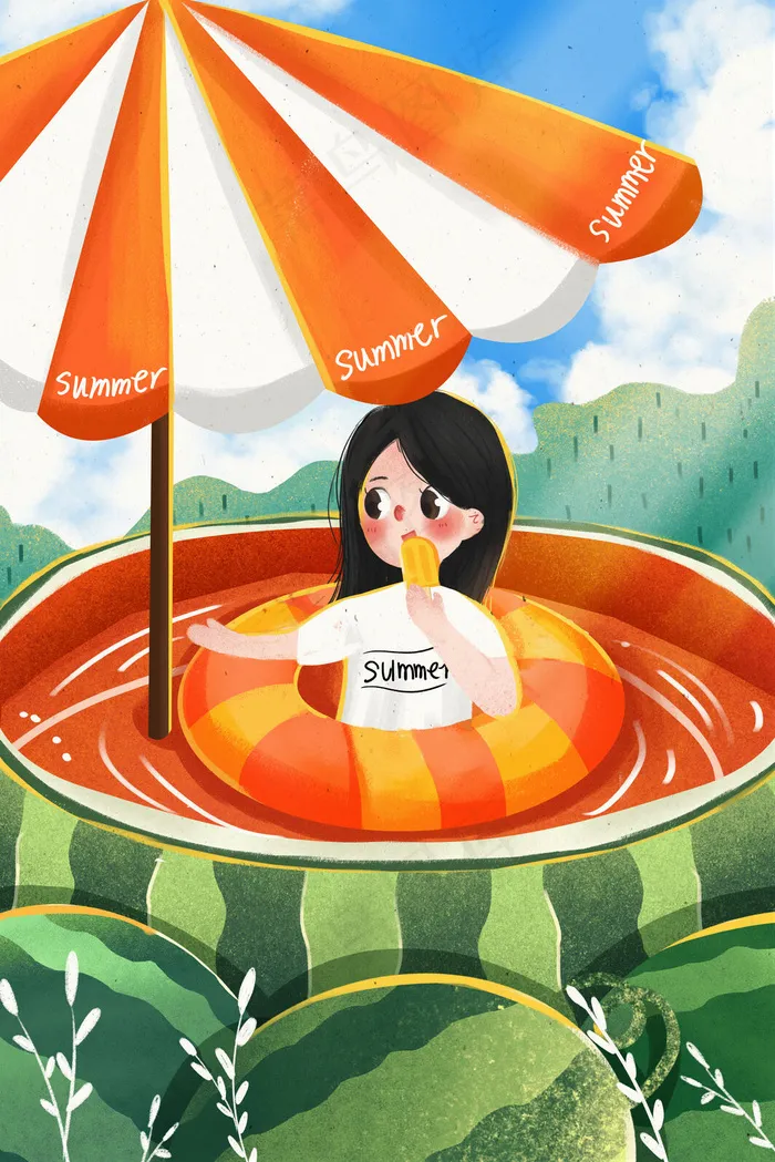 夏天大暑节气女孩吃棒冰(3545*5315px 300 dpi )psd模版下载