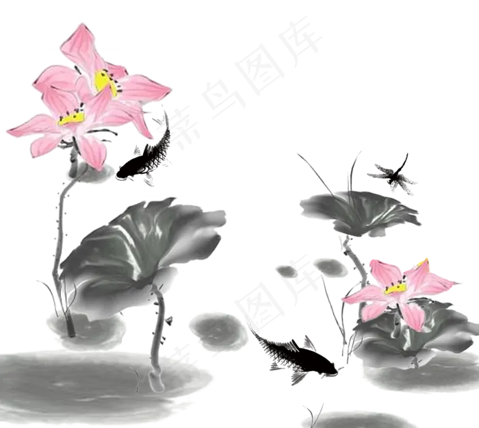创意水墨风荷花蜻蜓素材,免抠元素