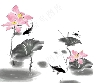 创意水墨风荷花蜻蜓素材,免抠元素