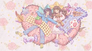 卡通小清新水彩风春困女孩睡觉